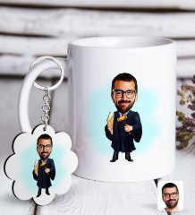 Kişiye Özel Erkek Hakim Karikatürlü Beyaz Kupa ve Anahtarlık Hediye Seti-1