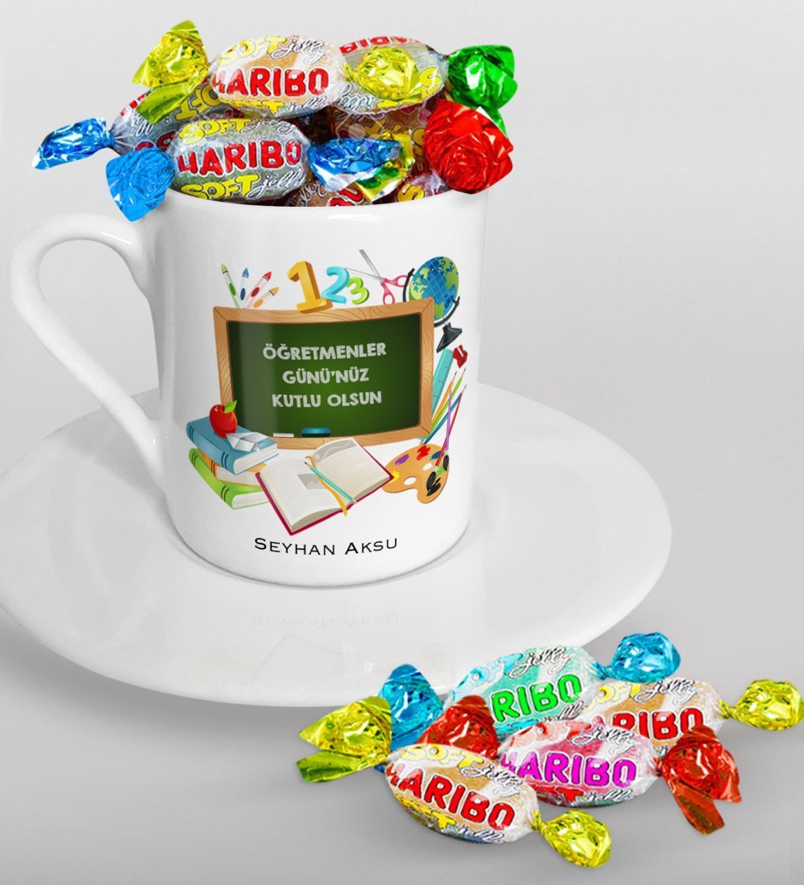 Kişiye Özel Öğretmenler Günümüz Kutlu Olsun Türk Kahvesi Fincanı ve Haribo Şeker Hediye Seti-7