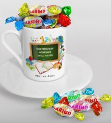 Kişiye Özel Öğretmenler Günümüz Kutlu Olsun Türk Kahvesi Fincanı ve Haribo Şeker Hediye Seti-7