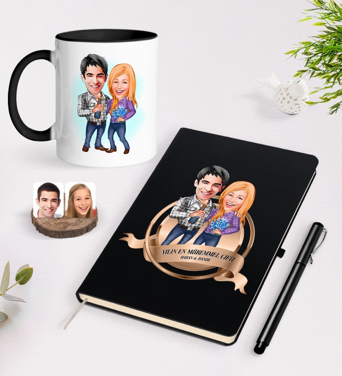 Kişiye Özel Yılın En Mükemmel Çifti Karikatürlü Siyah Defter Kalem ve Kupa Seti-50
