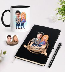 Kişiye Özel Yılın En Mükemmel Çifti Karikatürlü Siyah Defter Kalem ve Kupa Seti-50