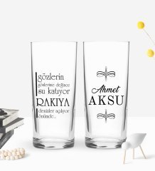Kişiye Özel Gözlerin Gözlerime Değince Tasarımlı 2’li Rakı Bardağı ve Meze Tabaklı Doğal Masif Ahşap Servis Sunum Tepsisi Model 1