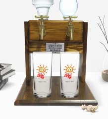 Kişiye Özel Renkli Baskılı Alanya Tasarımlı Turistik  İkili Rakı Bardağı ve Çift Musluklu Doğal Ahşap Rakı Standı-1
