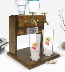 Kişiye Özel Renkli Baskılı Alanya Tasarımlı Turistik  İkili Rakı Bardağı ve Çift Musluklu Doğal Ahşap Rakı Standı-1