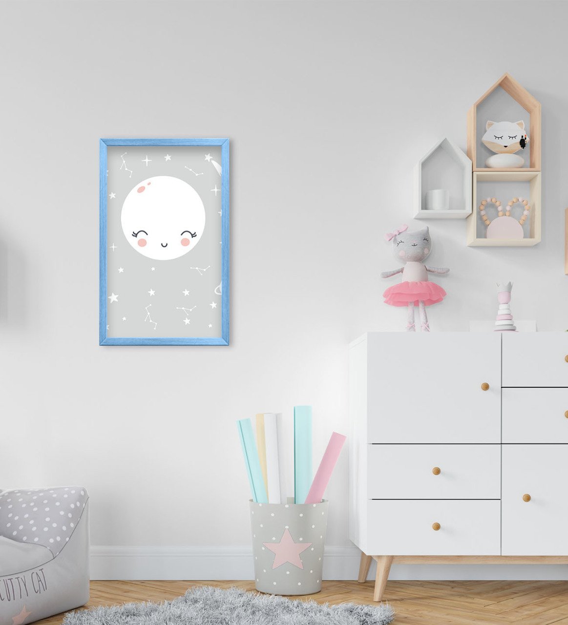BK Home Sevimli Ay Tasarımlı Dekoratif Mavi Ahşap Çerçeveli Çocuk Odası Tablo-1