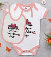 BK Kids Aynı Adama Aşığız Tasarımlı Pembe Bebek Body Zıbın ve Mama Önlüğü Hediye Seti-1