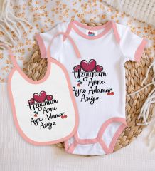 BK Kids Aynı Adama Aşığız Tasarımlı Pembe Bebek Body Zıbın ve Mama Önlüğü Hediye Seti-1