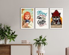 BK Home Coffee Tasarımlı Dekoratif 3’lü Ahşap Beyaz Çerçeveli Tablo-1