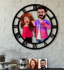 Kişiye Özel Sevgililer Animasyon Karikatürlü Ahşap Duvar Saati-32