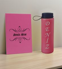BK Gift Kişiye Özel İsimli Pembe Defter ve Fuşya Cam Matara Hediye Seti-7, Sevgiliye Hediye, Arkadaşa Hediye, Yeni İş Hediyesi
