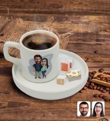 Kişiye Özel Sunum Tabaklı Sevgililer Karikatürlü Türk Kahvesi Fincanı Model 109