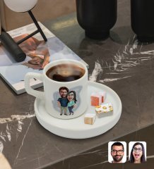Kişiye Özel Sunum Tabaklı Sevgililer Karikatürlü Türk Kahvesi Fincanı Model 109