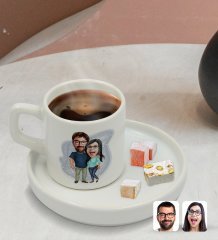 Kişiye Özel Sunum Tabaklı Sevgililer Karikatürlü Türk Kahvesi Fincanı Model 109