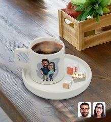 Kişiye Özel Sunum Tabaklı Sevgililer Karikatürlü Türk Kahvesi Fincanı Model 109