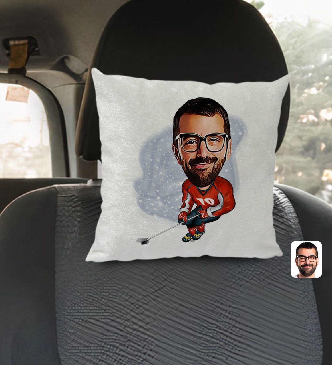 Kişiye Özel Hokeyci Karikatürlü Kare Araç Koltuk Yastığı-1