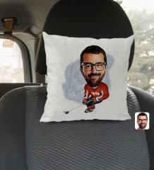 Kişiye Özel Hokeyci Karikatürlü Kare Araç Koltuk Yastığı-1