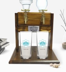 Kişiye Özel Renkli Baskılı Aksaray Tasarımlı Turistik İkili Rakı Bardağı ve Çift Musluklu Doğal Ahşap Rakı Standı-1