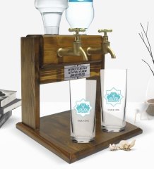 Kişiye Özel Renkli Baskılı Aksaray Tasarımlı Turistik İkili Rakı Bardağı ve Çift Musluklu Doğal Ahşap Rakı Standı-1