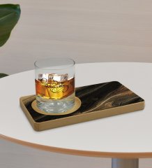 Kişiye Özel Mermer Tasarımlı Doğal Ahşap Tabaklı Viski Bardağı Sunum Seti Model 7