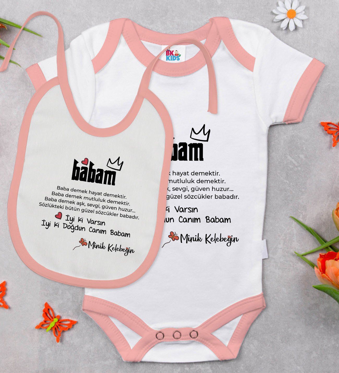 BK Kids Babam Tasarımlı Pembe Bebek Body Zıbın ve Mama Önlüğü Hediye Seti-1