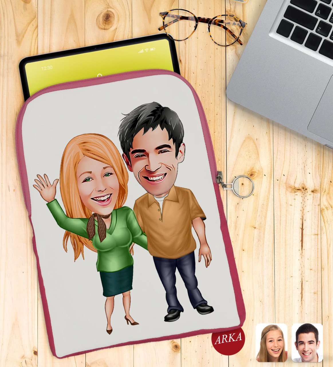 Kişiye Özel Sevgililer Karikatürlü Taşınabilir Koruyucu Tablet Kılıfı & Organizer Çanta - Pembe-110