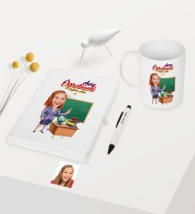 Kişiye Özel Bayan Öğretmen Temalı Karikatürlü Beyaz Defter Kalem Kupa Seti - 1