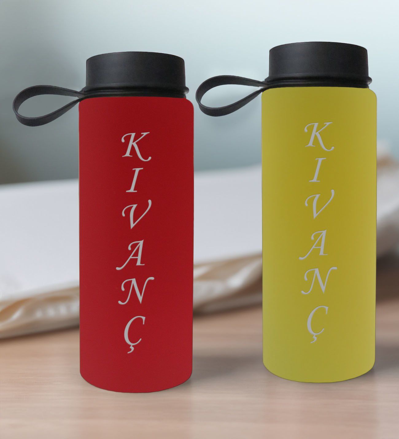 BK Gift Kişiye Özel İsimli 2’li Kırmızı ve Sarı Cam Matara 500ml, Sevgiliye Hediye, İsimli Cam Matara, Sevgililer Günü
