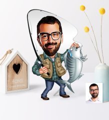 Kişiye Özel Bay Balıkçı Karikatür Ahşap Biblo - 1