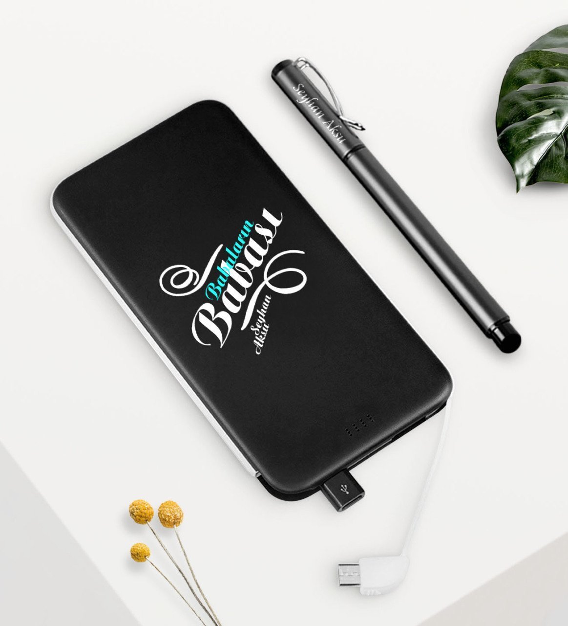 Kişiye Özel Babaların Babası Siyah 5000 mAh Hızlı Şarj Powerbank Kalem Seti-1