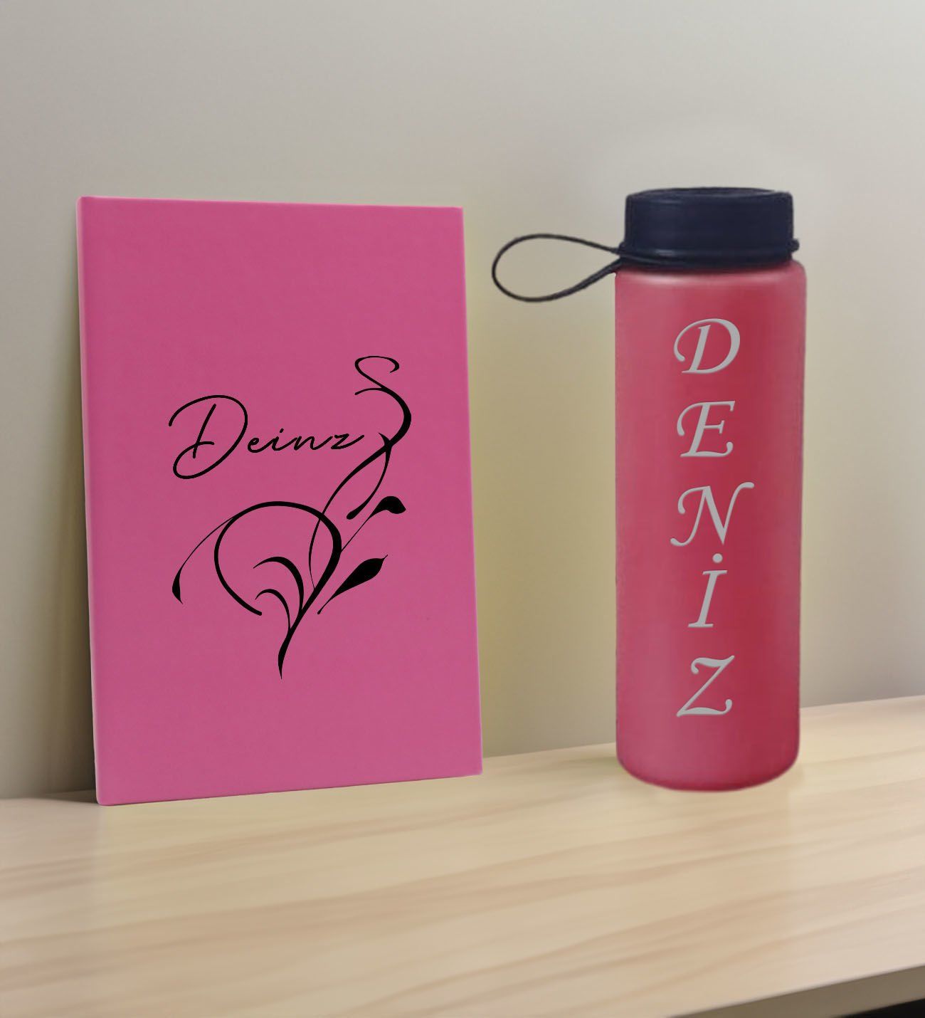 BK Gift Kişiye Özel İsimli Pembe Defter ve Fuşya Cam Matara Hediye Seti-6, Sevgiliye Hediye, Arkadaşa Hediye, Yeni İş Hediyesi