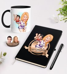 Kişiye Özel Yılın En Mükemmel Çifti Karikatürlü Siyah Defter Kalem ve Kupa Seti-30