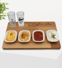 Kişiye Özel Denizci Tasarımlı 2’li Rakı Bardağı ve Meze Tabaklı Doğal Masif Ahşap Servis Sunum Tepsisi Model 1