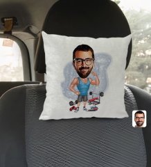 Kişiye Özel Fitnesscı Karikatürlü Kare Araç Koltuk Yastığı-1