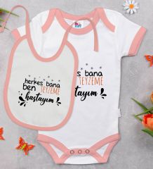 BK Kids Herkes Bana Ben Teyzeme Hastayım Tasarımlı Pembe Bebek Body Zıbın ve Mama Önlüğü Hediye Seti-1