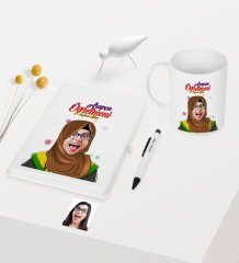 Kişiye Özel Tesettürlü Bayan Öğretmen Temalı Karikatürlü Beyaz Defter Kalem Kupa Seti - 3