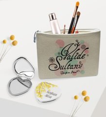 Kişiye Özel Valide Sultan Keten Makyaj Çantası ve Kalp Ayna Hediye Seti-3