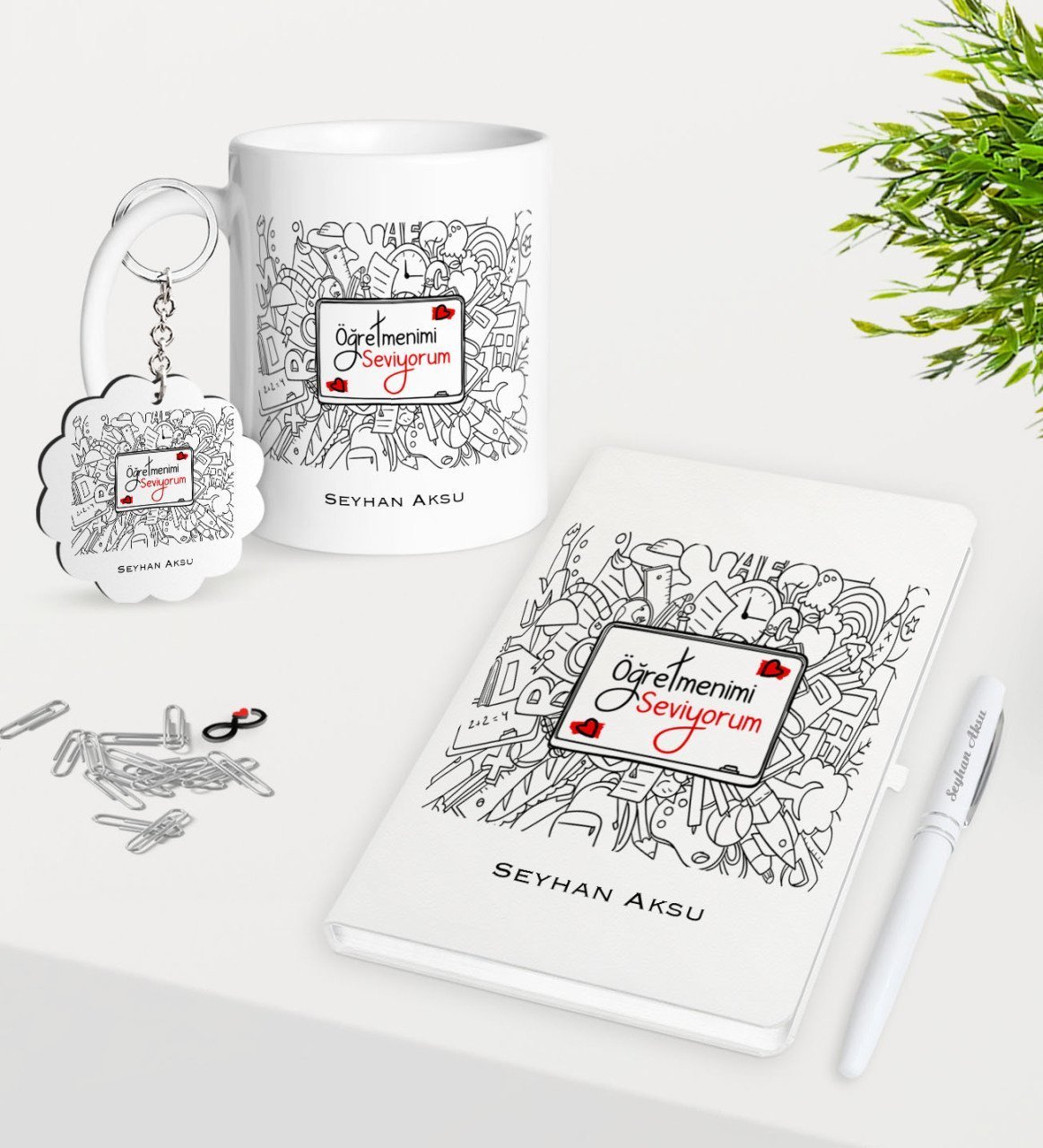 Kişiye Özel Öğretmenimi Seviyorum Kupa Anahtarlık Beyaz Defter Kalem Hediye Seti-1