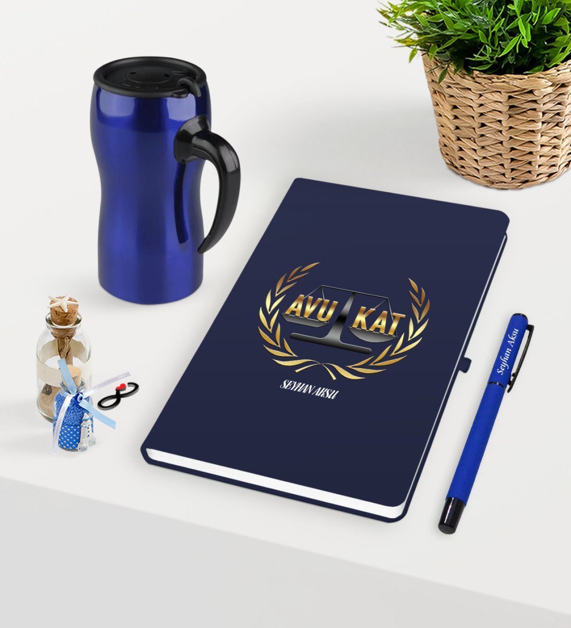 Kişiye Özel Avukat Temalı Lacivert Defter Kalem ve Termos Mug Seti  - 1