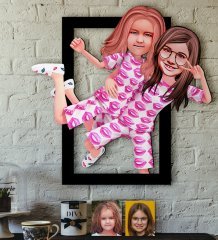 Kişiye Özel Kız Kardeşler Karikatürlü 3D Ahşap Tablo-1