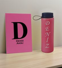 BK Gift Kişiye Özel İsimli Pembe Defter ve Fuşya Cam Matara Hediye Seti-5, Sevgiliye Hediye, Arkadaşa Hediye, Yeni İş Hediyesi