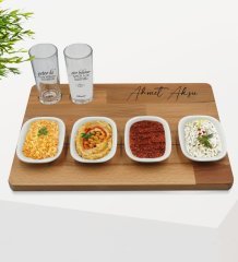 Kişiye Özel Yeter Ki Tasarımlı 2’li Rakı Bardağı ve Meze Tabaklı Doğal Masif Ahşap Servis Sunum Tepsisi Model 1