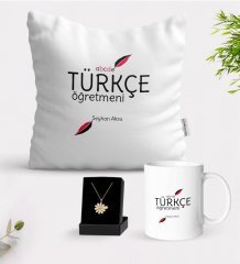 Kişiye Özel Türkçe Öğretmeni Beyaz Kupa Yastık ve İsimli Papatya Kolye Hediye Seti-2