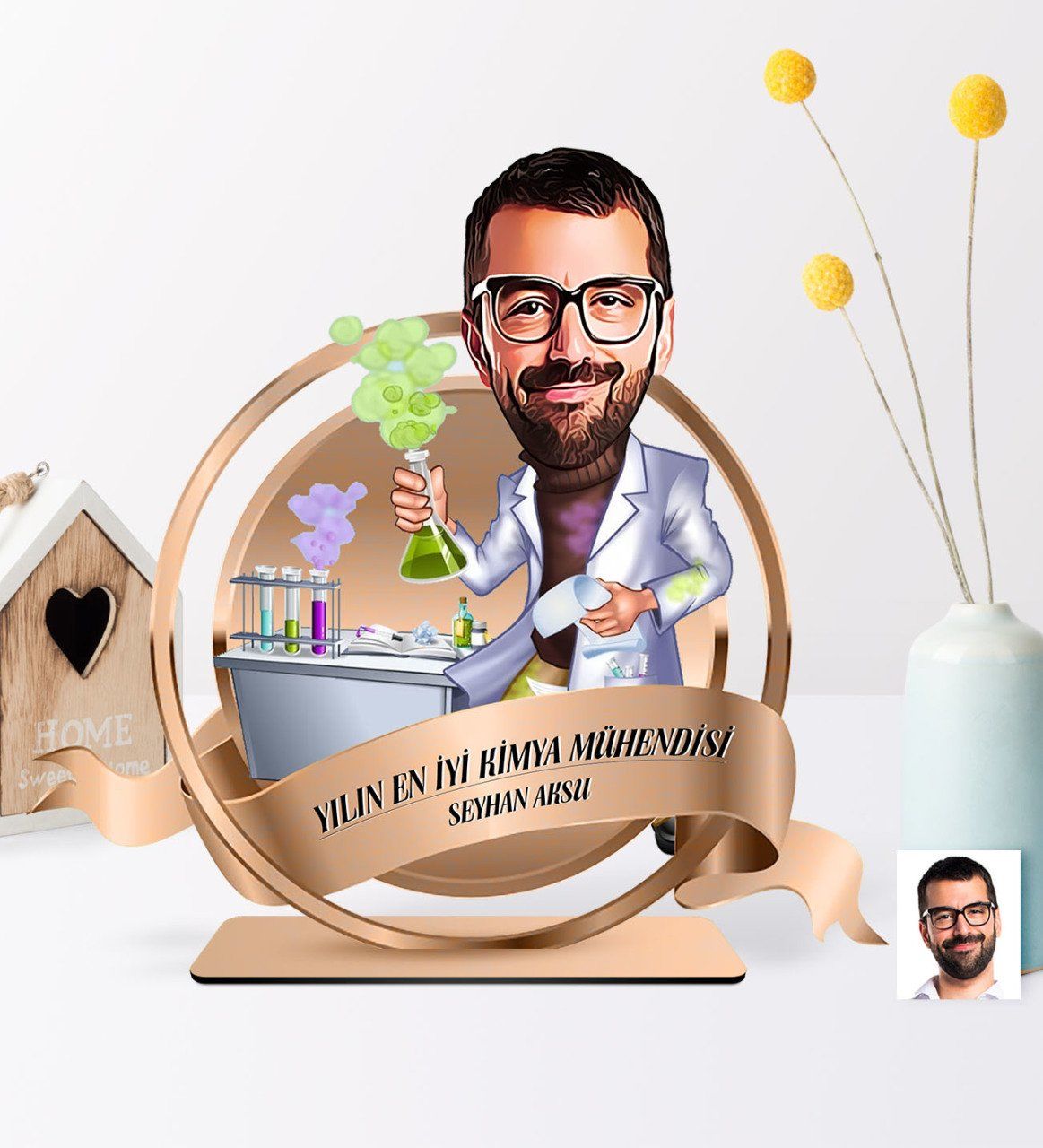 Kişiye Özel Yılın En İyi Bay Kimya Mühendisi Karikatürlü 3D Ahşap Biblo Plaket - 1