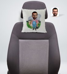Kişiye Özel Çiftçi Karikatürlü Kare Araç Koltuk Yastığı-1