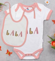 BK Kids Baba Tasarımlı Pembe Bebek Body Zıbın ve Mama Önlüğü Hediye Seti-1