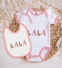 BK Kids Baba Tasarımlı Pembe Bebek Body Zıbın ve Mama Önlüğü Hediye Seti-1