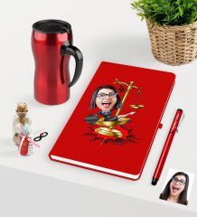 Kişiye Özel Bayan Avukat Karikatürlü Kırmızı Defter Kalem ve Termos Mug Seti  - 4