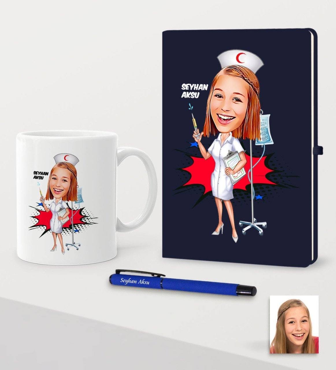 Kişiye Özel Hemşire Karikatürlü Lacivert Defter Kalem Kupa Seti - 2