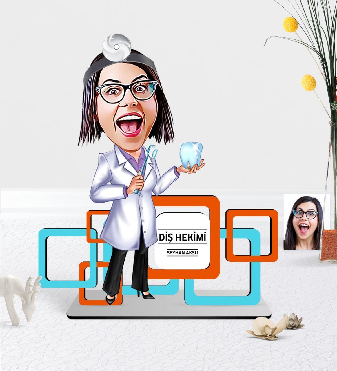 Kişiye Özel Bayan Diş Hekimi Karikatürlü 3D Ahşap Masa İsimliği - 2