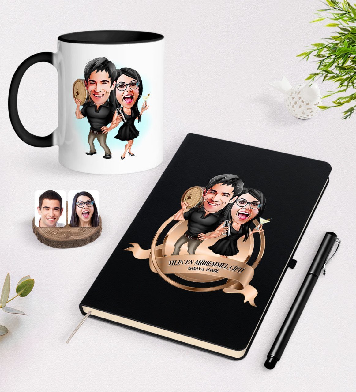 Kişiye Özel Yılın En Mükemmel Çifti Karikatürlü Siyah Defter Kalem ve Kupa Seti-18